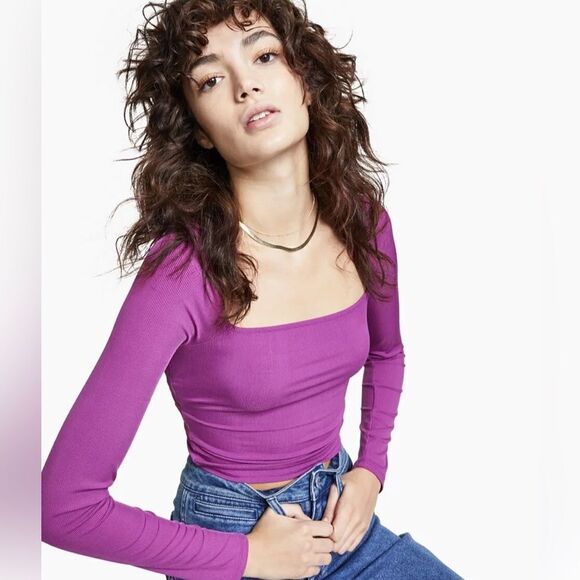 Bar III Pink Purple Long Sleeve Ribbed Crop Top Open Back - Picture 1 of 10